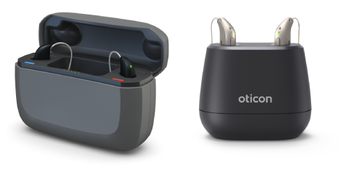 ReSound and Oticon rechargeable hearing aids pictured with their chargers